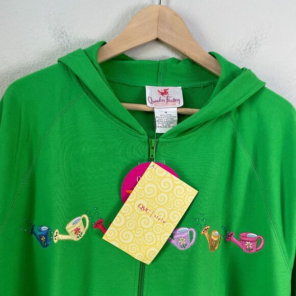 NEW Quacker Factory Womens Plus 1X Zip Up Hoodie Embroidered Watering Can Jacket - Picture 2 of 7